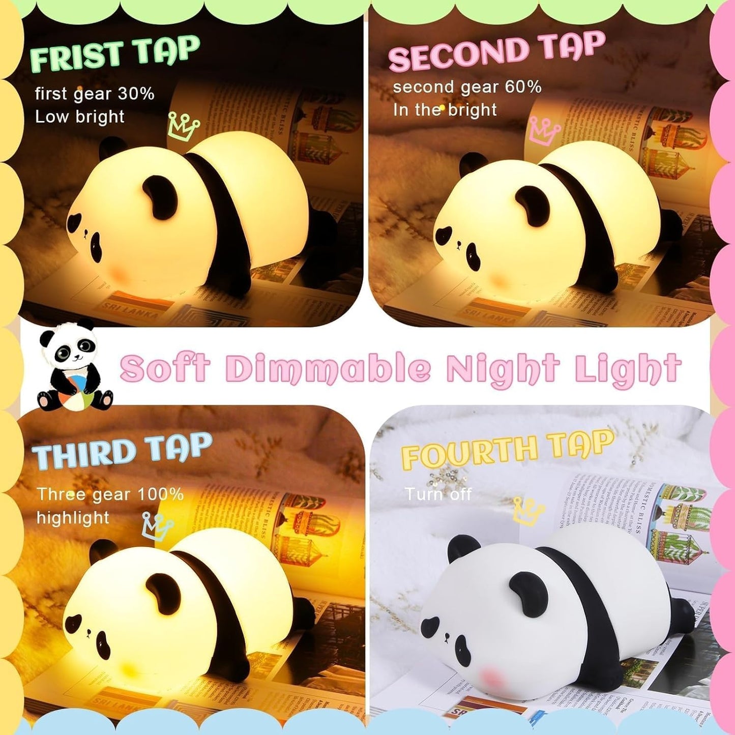 Cute Rechargeable Sleeping Panda Night Light for Kids, Nursery Silicone Night Light with 7-Color Changing Kawaii Bedside Lamp for Kids Room, Gifts for Toddler Children