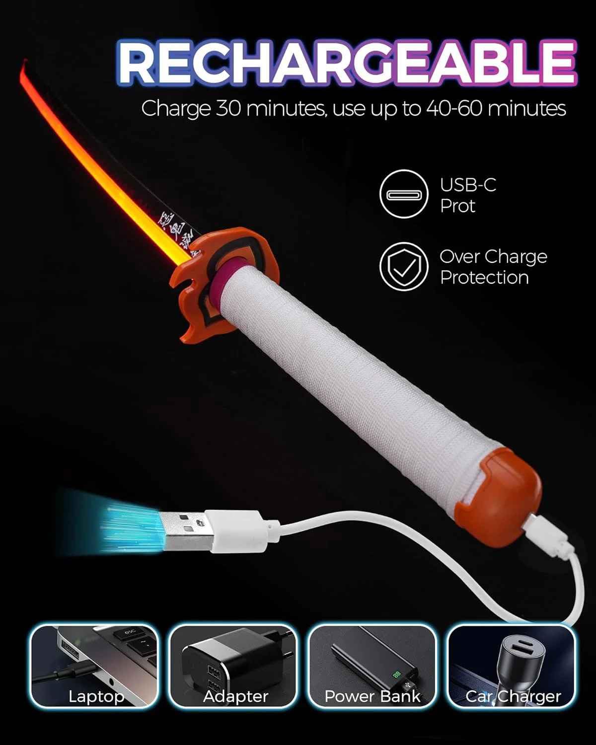 Demon Slayer Rengoku LED Katana Sword With USB Cable (No COD Allowed On This Product) - Prepaid Orders Only