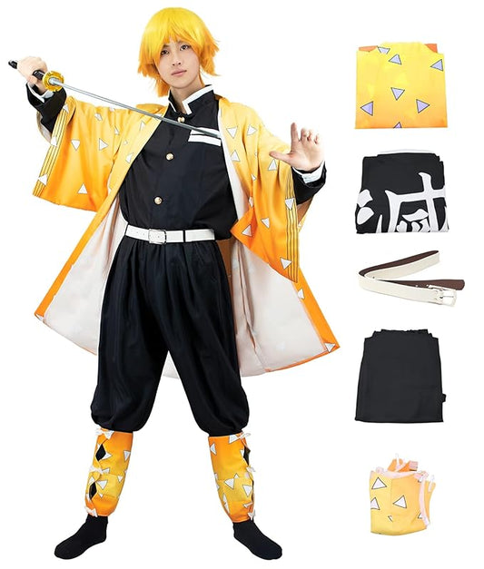 Demon Slayer Zenitsu Agatsuma Cosplay Costume Kimono Haori Black Uniform with Belt - Size Small