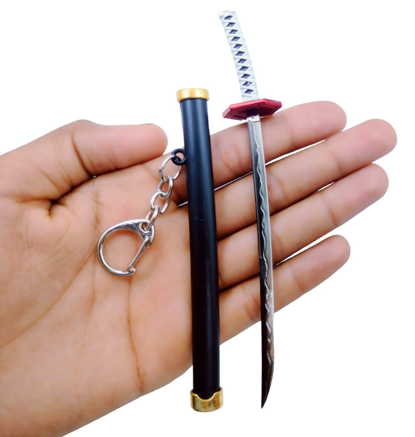 Demon Slayer Tanjiro Toy Katana With Cover Metal Key Chain With Alloy Key Ring (Black & White)