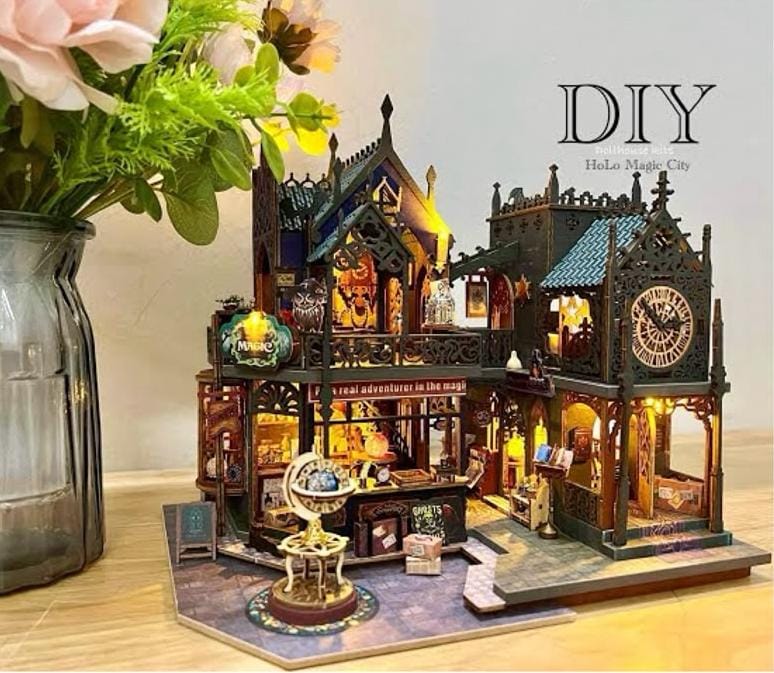 DIY Holo Magic City Miniature Dollhouse Kit with LED Lights | Wooden 3D Puzzle | Creative Home Decor & Collectible