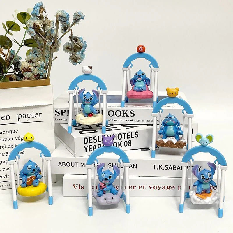 Stitch Swing Mini Figures Set (6-Pack) – Blue Alien Cartoon Collectible Toy Statues | Cute Animal Cake Toppers, Desktop Decorations, & Kids Gift Set (11cm Height)