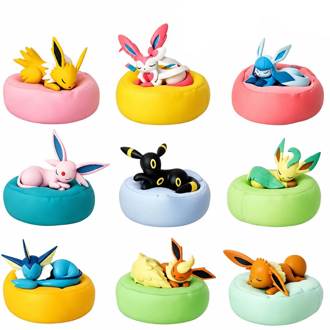 Eevee Sleeping Pillow Set of 9 – 7/8 CM Approx. Collectible Figures – Pokémon Inspired Display Set
