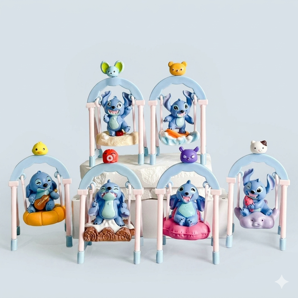 Stitch Swing Mini Figures Set (6-Pack) – Blue Alien Cartoon Collectible Toy Statues | Cute Animal Cake Toppers, Desktop Decorations, & Kids Gift Set (11cm Height)
