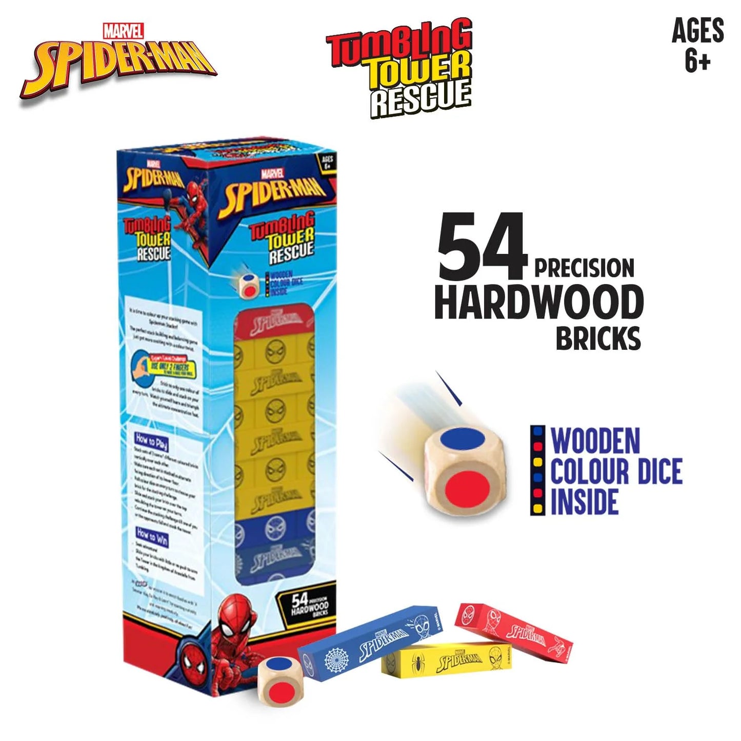 Skoodle Spiderman Tumbling Tower Rescue - 54 Precision Hardwood Bricks & Wooden Colour Dice