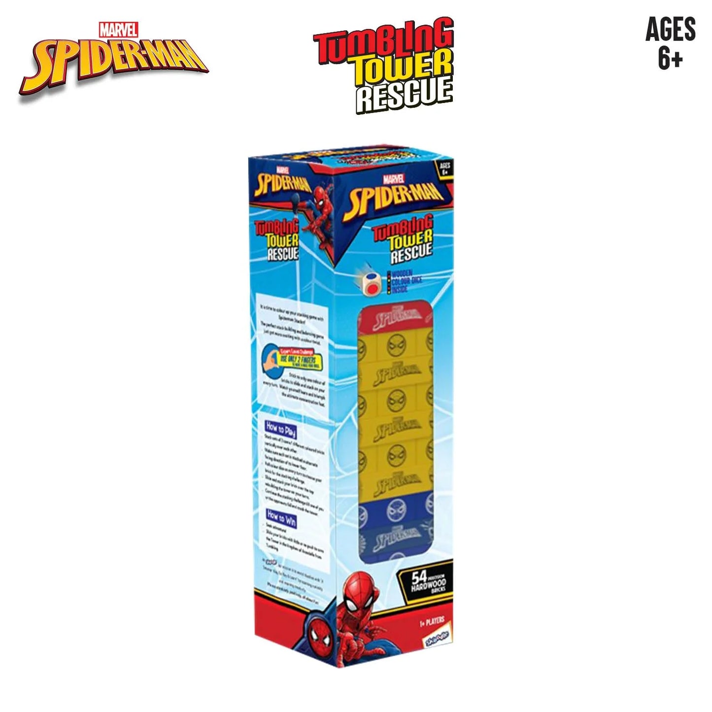 Skoodle Spiderman Tumbling Tower Rescue - 54 Precision Hardwood Bricks & Wooden Colour Dice
