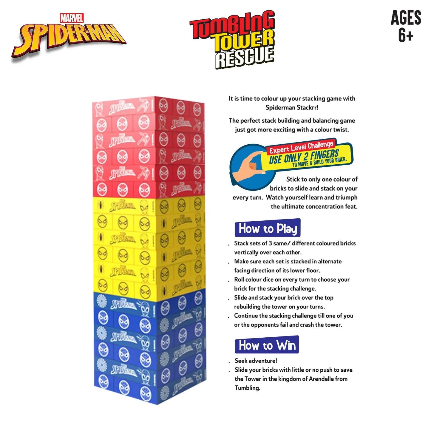 Skoodle Spiderman Tumbling Tower Rescue - 54 Precision Hardwood Bricks & Wooden Colour Dice
