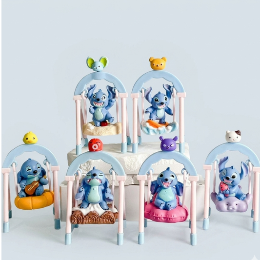 Stitch Swing Mini Figures Set (6-Pack) – Blue Alien Cartoon Collectible Toy Statues | Cute Animal Cake Toppers, Desktop Decorations, & Kids Gift Set (11cm Height)