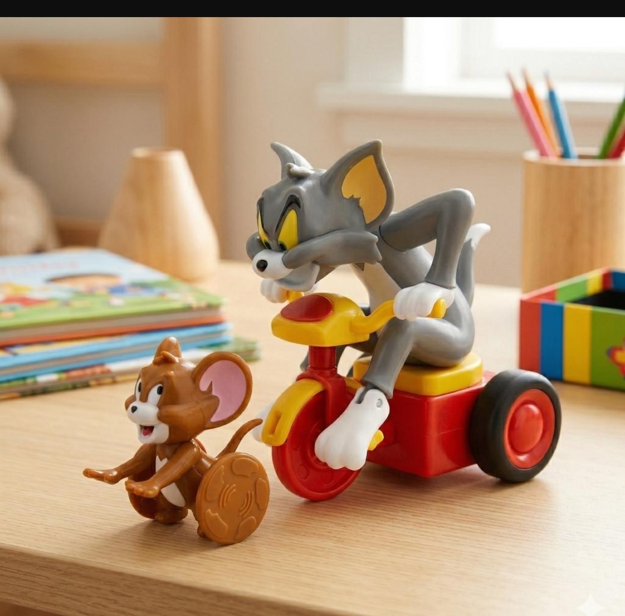 Tom and Jerry Classic Cartoon Chase Toy Set – Retro Wind-Up Tricycle Tom Cat & Running Jerry Mouse Moving Figures | Fun Desktop Toy, Kids Play Vehicle, & Decorative Collectible