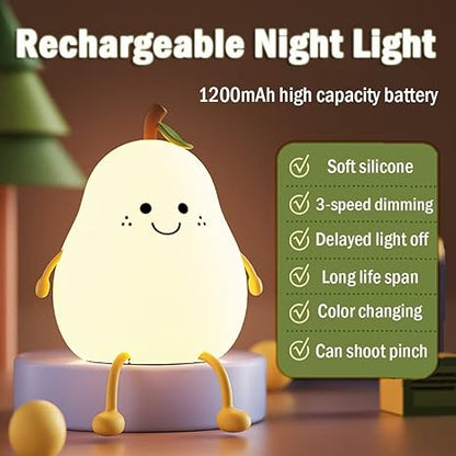Cute Pear LED Night Lamp For Kids,7 Color Changing Silicone Nursery Night Light For Kids Bedroom,Birthday Gift For Kids&Toddlers,Squishy Kawaii Beside Lamp For Boys&Girls Room (Pear Lamp)
