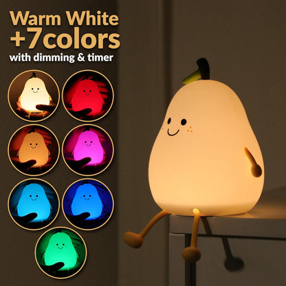 Cute Pear LED Night Lamp For Kids,7 Color Changing Silicone Nursery Night Light For Kids Bedroom,Birthday Gift For Kids&Toddlers,Squishy Kawaii Beside Lamp For Boys&Girls Room (Pear Lamp)