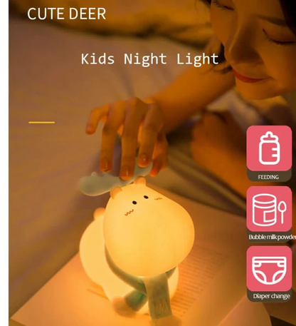 Cute Reindeer Touch Lamp Night Light for Kids Room Decor | Rechargeable Silicon Cute Reindeer Shape Lamp with 3 Hours Timer & 7 Colours