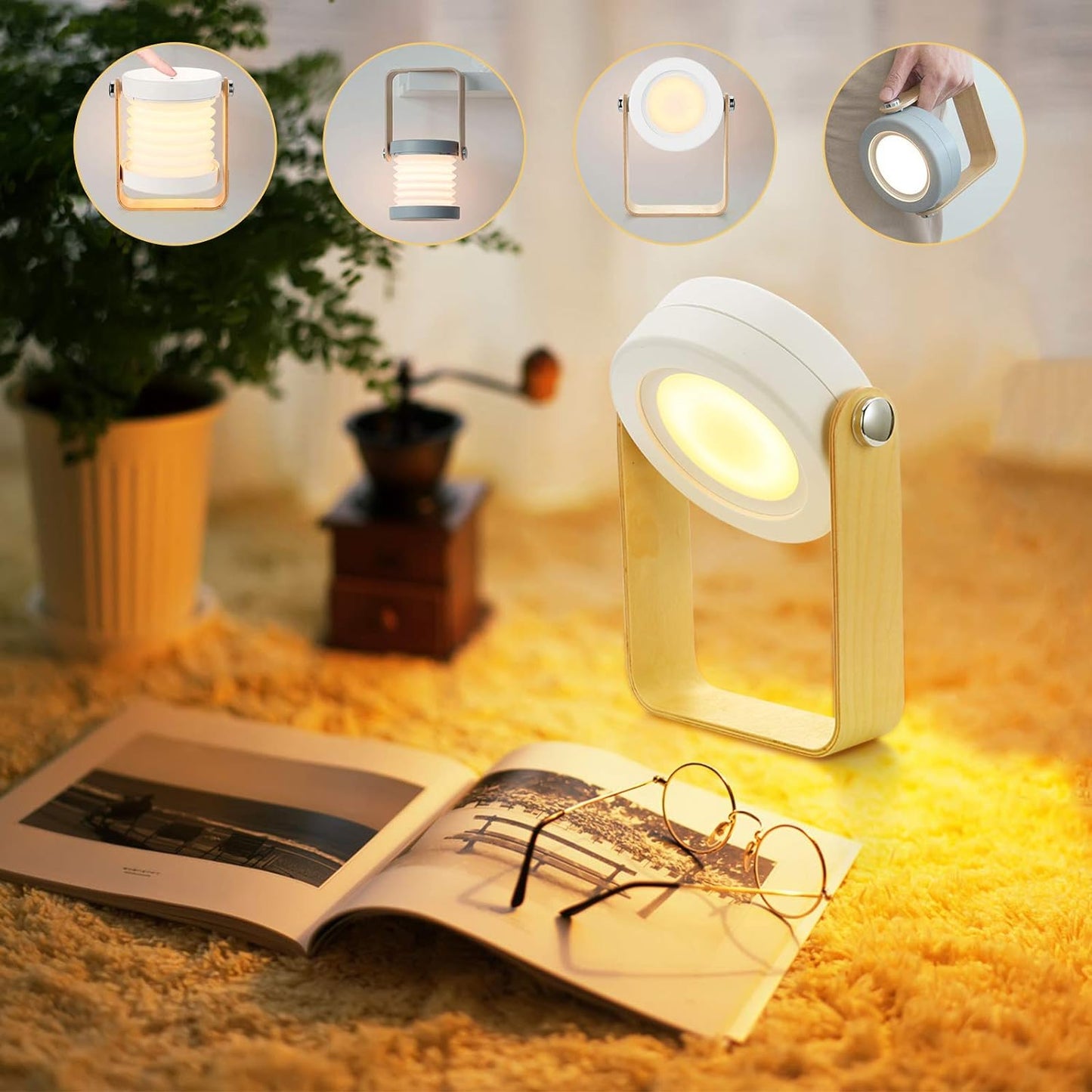 4-in-1 Foldable Table Lamp, USB Rechargeable LED Light, Wooden Handle Portable Lantern Light and Flashlight, Touch Control Dimmable 3 Level Brightness Night Light.