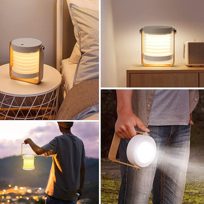 4-in-1 Foldable Table Lamp, USB Rechargeable LED Light, Wooden Handle Portable Lantern Light and Flashlight, Touch Control Dimmable 3 Level Brightness Night Light.